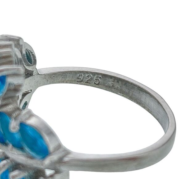 Vintage Sterling Silver 925 Three Row Blue Marquis Cubic Zirconia Ring Size 6 - Picture 5 of 9